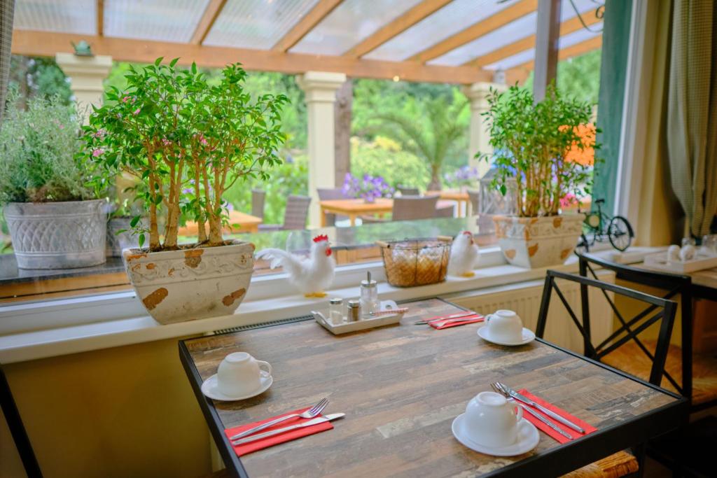 a table with cups and saucers on it in front of a window at Anno 1900 Hotel Babelsberg in Potsdam
