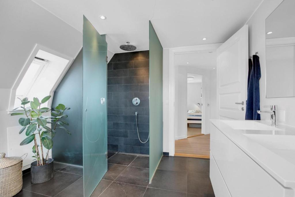 un bagno con doccia e lavandino di Private Rooms - Køge a Køge