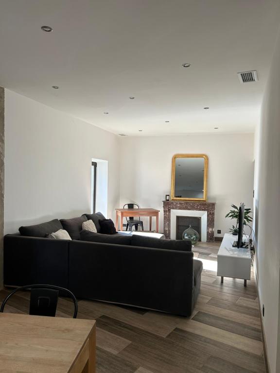 - un salon avec un canapé noir et une cheminée dans l'établissement Charmante Maison de Village, à Saint-Laurent-des-Arbres