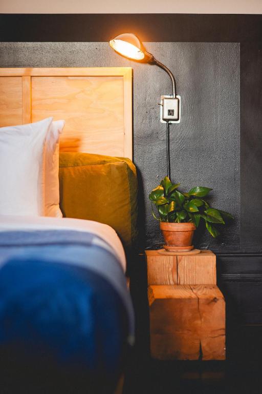 a bedroom with a bed and a lamp and a potted plant at The Clyde Hotel Portland by Kasa Living in Portland