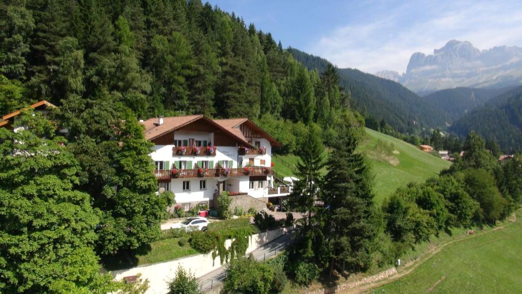 une grande maison au milieu d'une montagne dans l'établissement Hotel Berghaus Rosengarten, à Nova Levante