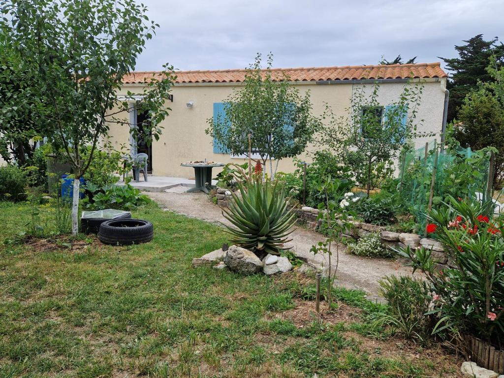Un jardín con un edificio y un patio con plantas. en Сocon bien douillet, en Saint-Denis-dʼOléron