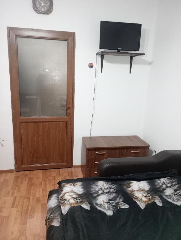 a living room with a tv and a couch and a table at Garsoniera Adriana in Băile Herculane