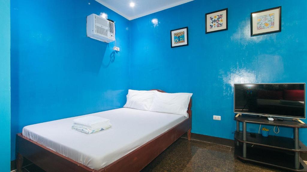 a blue room with a bed and a tv at Zids Island Emprise Beach House in Mabubua