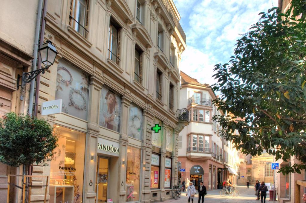 eine Stadtstraße mit Gebäuden und einer grünen Ampel in der Unterkunft Appartements Le Dome - Quartier Cathédrale in Straßburg