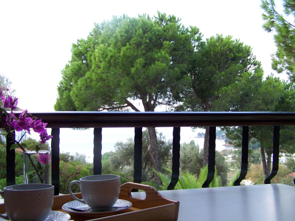 two coffee cups on a tray on a balcony at Villa Anna Maria in Agia Paraskevi