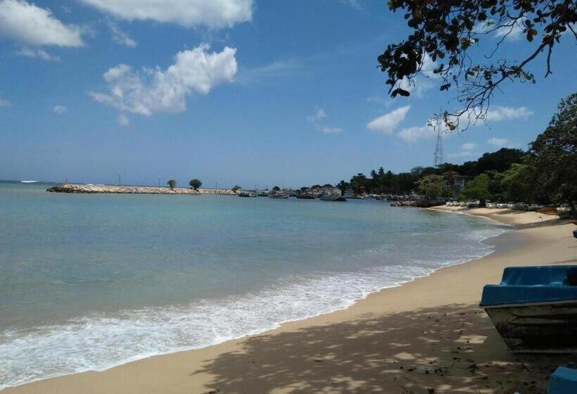 a beach with a blue bench on the sand and the water at Parei Beach Inn in Tangalle