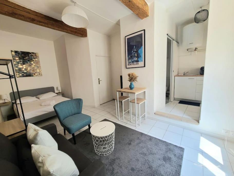un salon avec un canapé et un lit dans l'établissement Appartement Cosy et Calme - Centre historique, à Montpellier