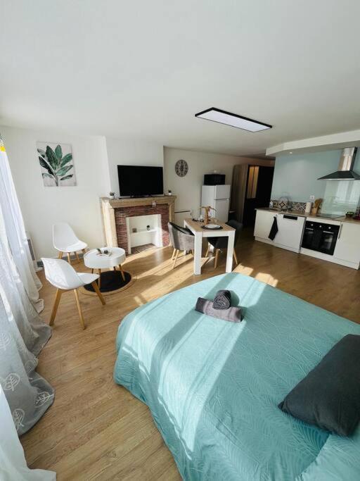 une chambre avec un lit et un salon dans l'établissement Grand Studio -Le François II - Proche Centre ville, à Limoges