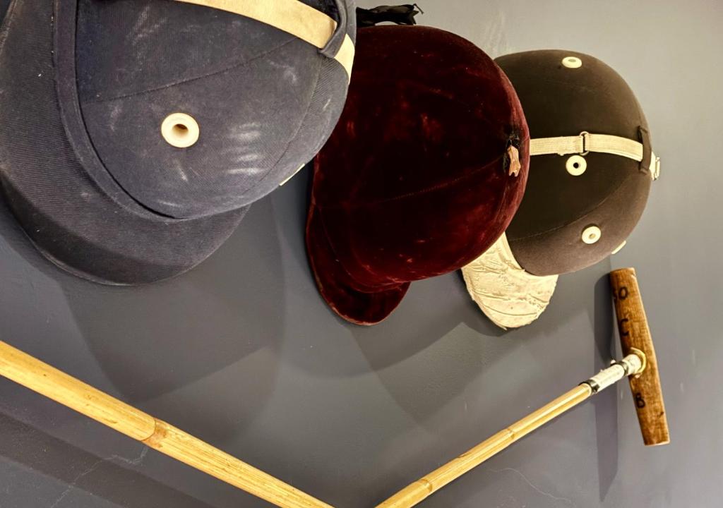 a display of baseball hats and bats on a wall at Blix Inn Guesthouse in Stellenbosch