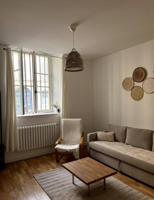 un salon avec un canapé et une table dans l'établissement Appartement à deux pas du château à Versailles, à Versailles