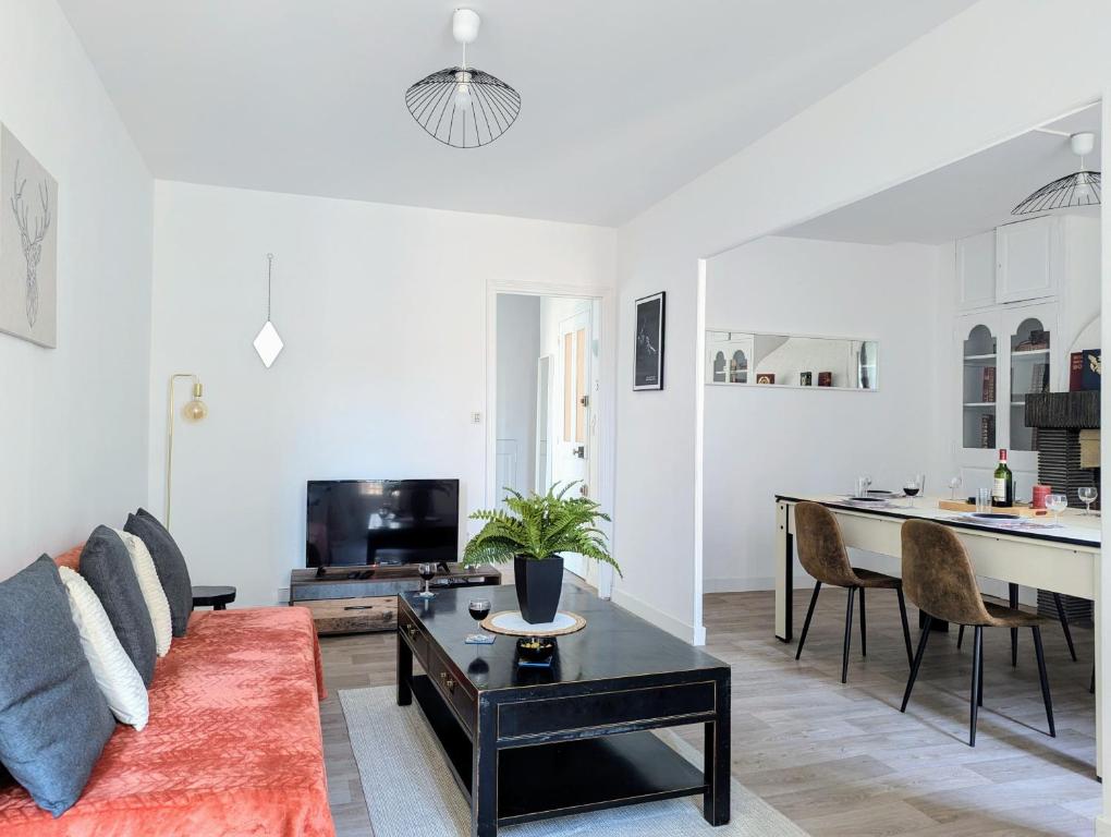 un salon avec un canapé et une table dans l'établissement Appartement 3 chambres avec billard - centre, à Béziers