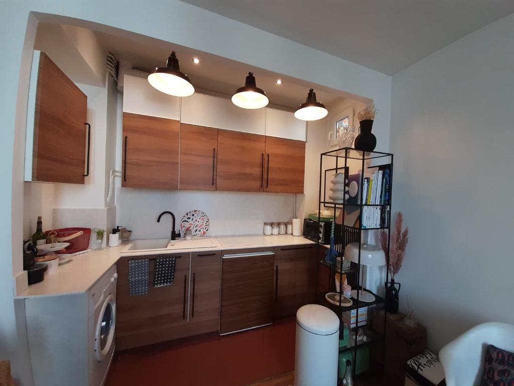 une cuisine avec des armoires en bois et un évier dans l'établissement Cosy appartement, à Fontenay-sous-Bois