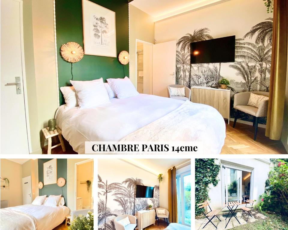 Un collage de tres fotografías de una habitación de hotel. en Chambre Cosy chez l habitant avec salle de bain et jardin privé, en París