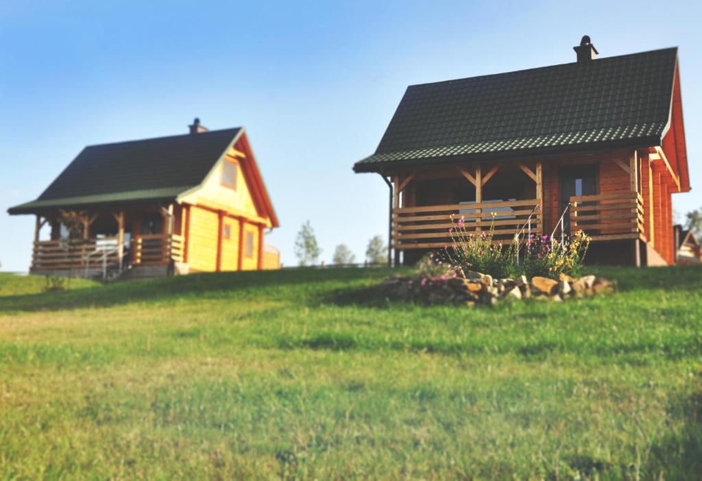 una cabaña de madera en una colina de hierba al lado de una casa en Domki nad Soliną, en Olchowiec