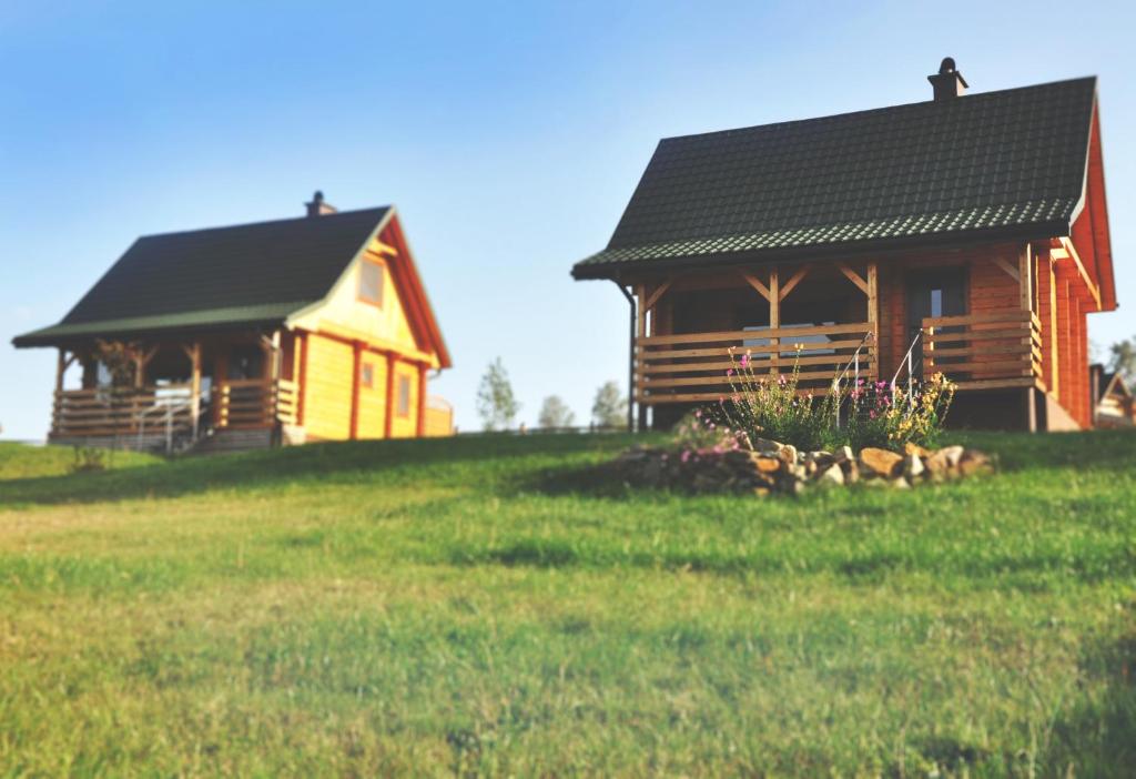 a log cabin on a grassy hill next to a house at Domki nad Soliną in Olchowiec