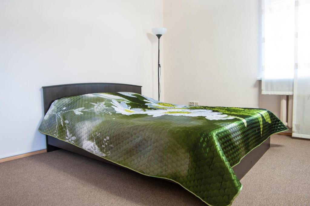 マグニトゴルスクにあるGosti Magnitki Apartment Pravda 26のベッドルーム1室(ベッドに緑色の掛け布団付)