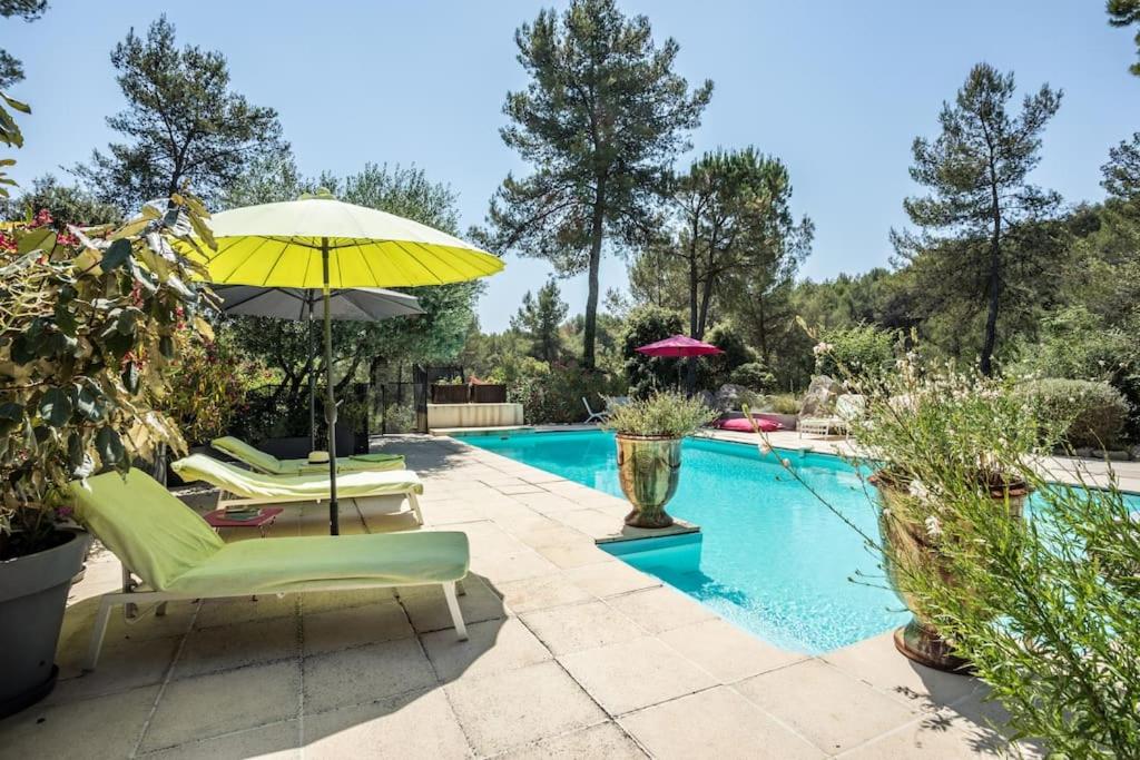 einen Pool mit zwei Liegestühlen und einem Sonnenschirm in der Unterkunft Charmante Maison en pleine nature avec piscine in Assas