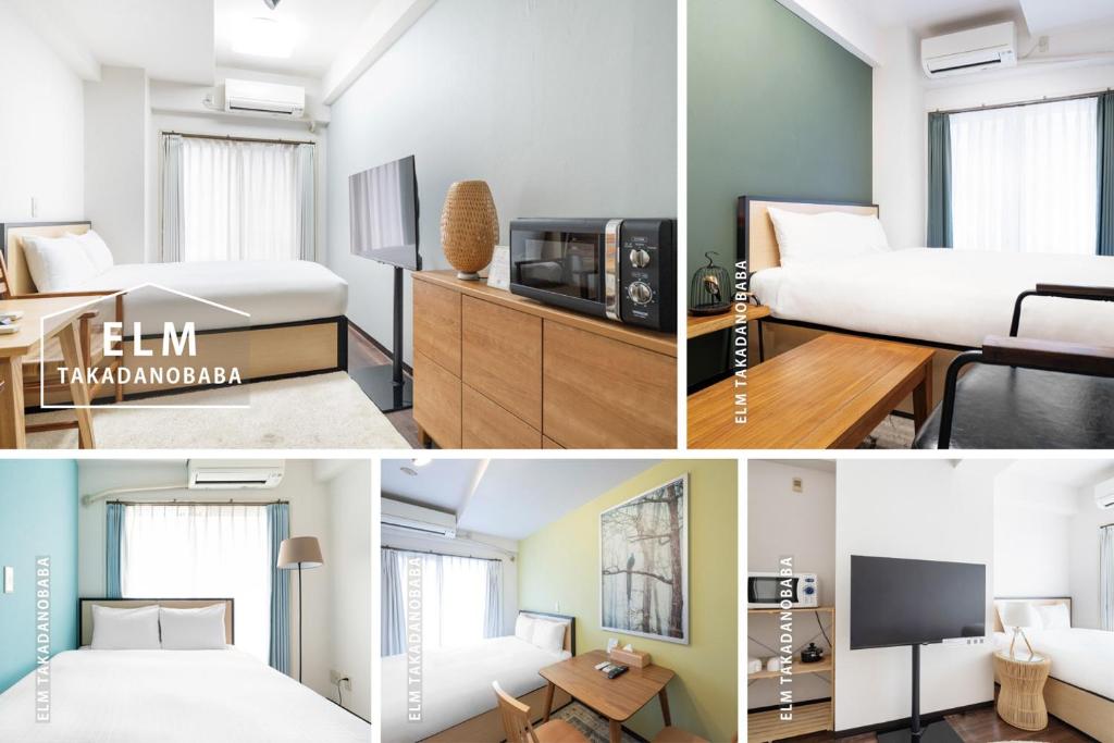 a collage of three pictures of a hotel room at ELM Takadanobaba in Tokyo