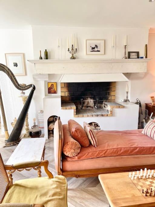 a living room with a bed and a fireplace at Maison bucolique champs de blé in Villers-Agron-Aiguizy