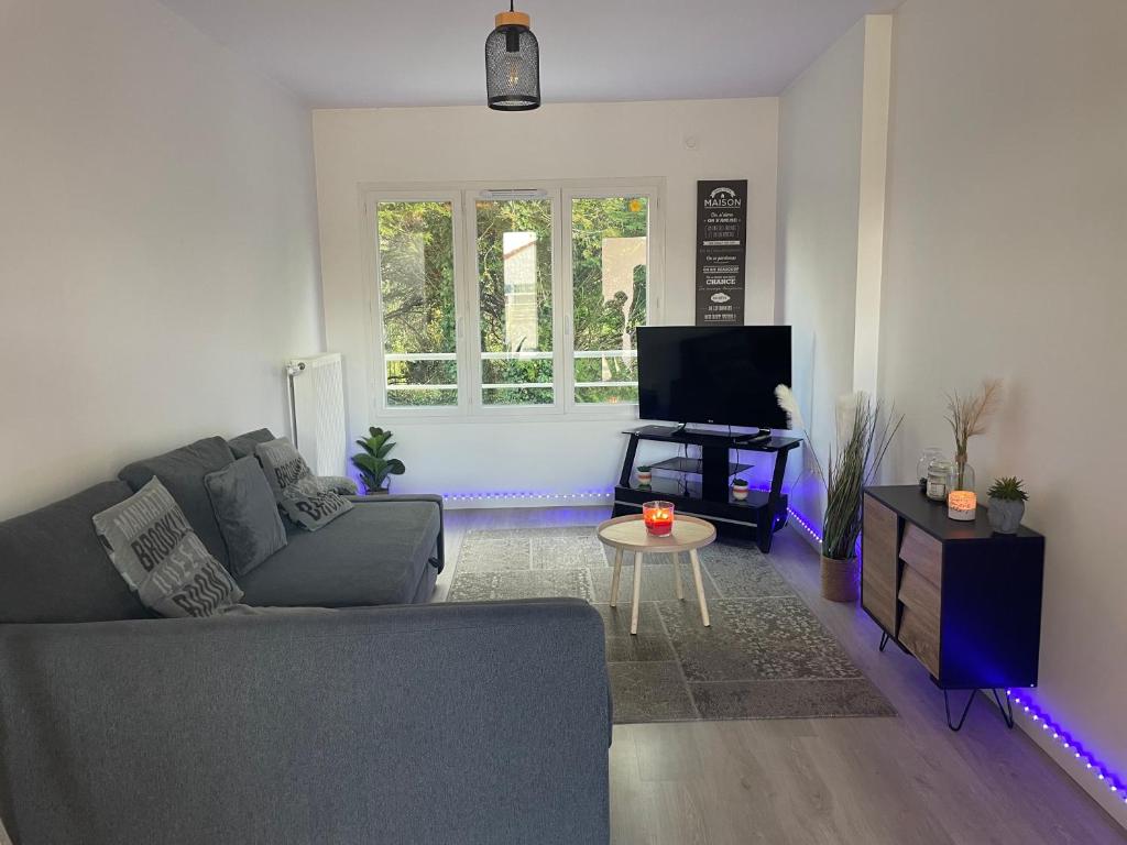 un salon avec un canapé et une télévision dans l'établissement T2 duplex au calme proche commodités, à Vaujours