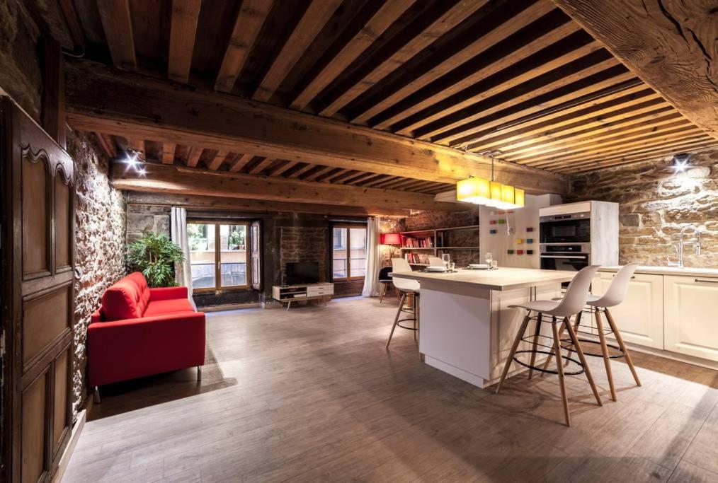 Il comprend une cuisine et un salon avec un canapé rouge. dans l'établissement La grotte de la Baleine du Vieux Lyon AIL, à Lyon