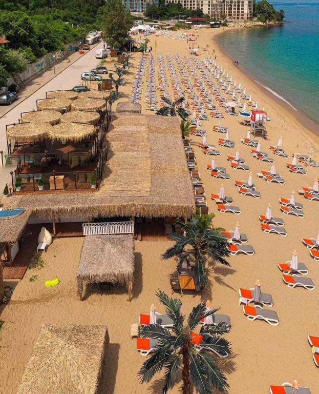an overhead view of a beach with many umbrellas and chairs at Family Hotel Perla in Golden Sands