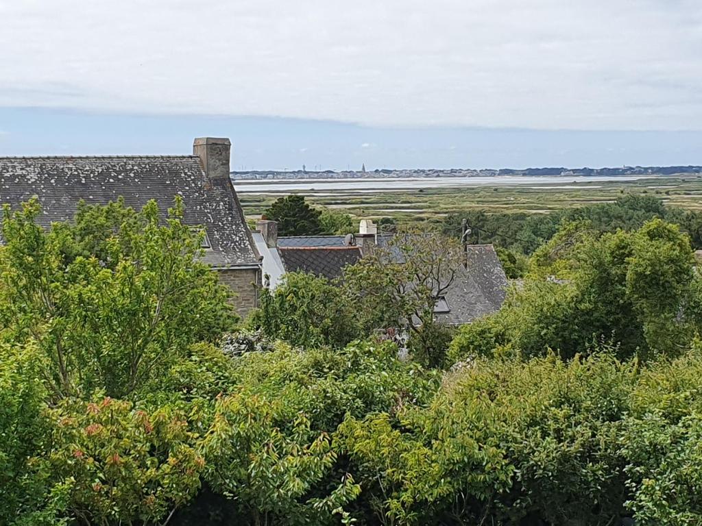 un groupe de maisons sur une colline avec des arbres dans l'établissement Sur le balcon des marais salants, à Guérande