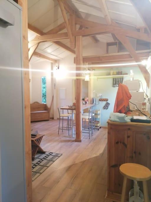 une chambre avec une cuisine et un salon avec des plafonds en bois dans l'établissement le logis en bois, à Saint-Mathieu-de-Tréviers