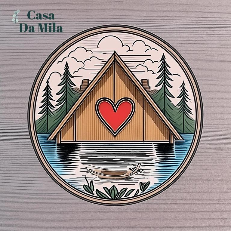 a drawing of a house on the water with a heart at Casa da Mila in Rio Caldo