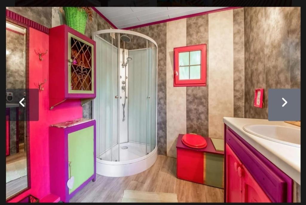 bagno colorato con doccia e lavandino di Yourte Mongole et cabane a Houffalize