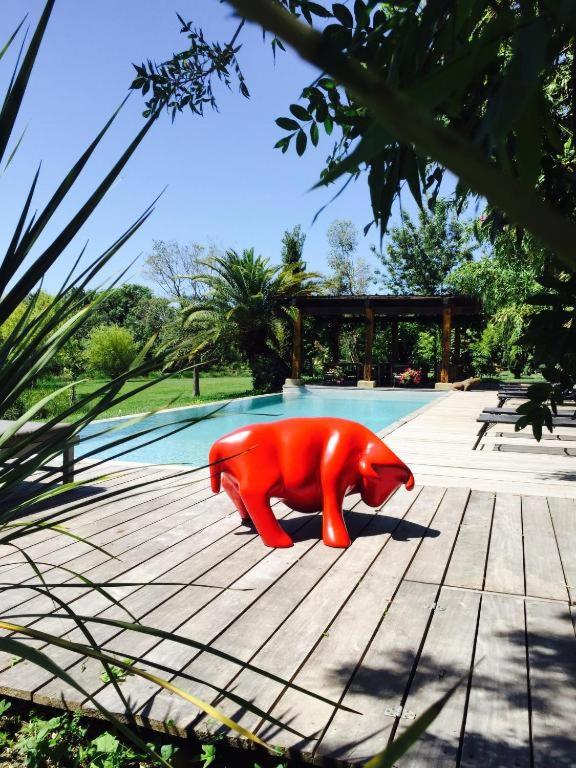 une statue d'ours orange assise sur une terrasse en bois dans l'établissement Marais de capeau, à Arles