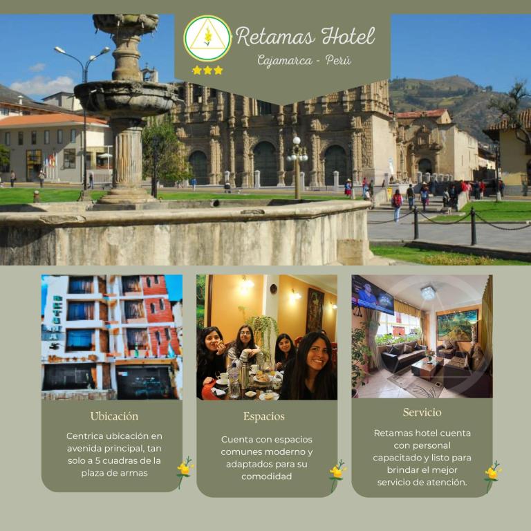 a collage of photos of a building with people at Retamas Hotel in Cajamarca