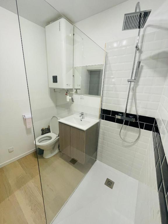 une salle de bain avec toilettes, lavabo et douche dans l'établissement Le centrale, à Lézignan-Corbières