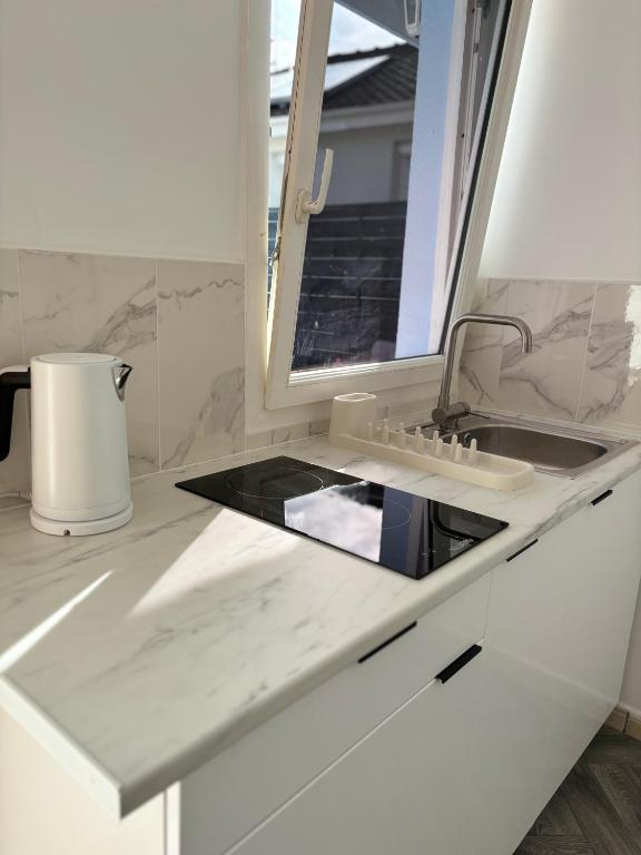 un comptoir de cuisine avec un évier et une fenêtre dans l'établissement Maison lumineuse Mantes la jolie, à Mantes-la-Jolie