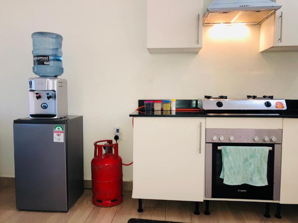 a kitchen with a stove and a red fire hydrant at Harmony Homes Beachfront in Diani Beach