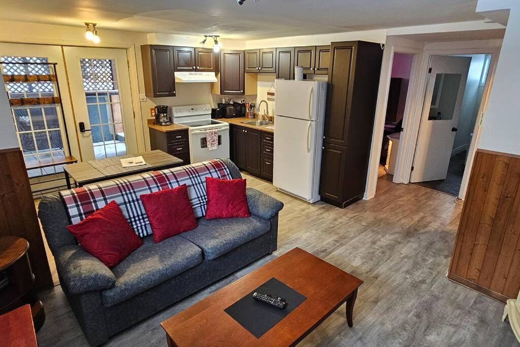 ein Wohnzimmer mit Sofa und eine Küche in der Unterkunft Le Repaire Secret in Saint-Donat-de-Montcalm