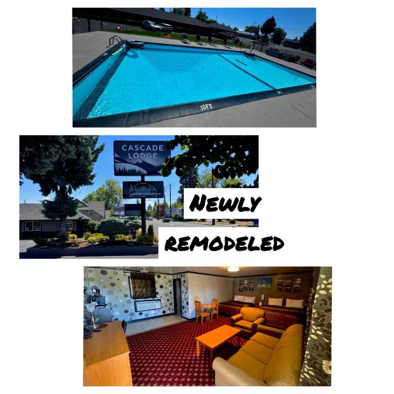 a collage of two pictures of a swimming pool at Cascade Lodge in Bend