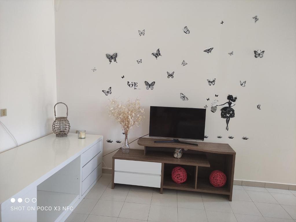 Televízia a/alebo spoločenská miestnosť v ubytovaní Manousos apartment