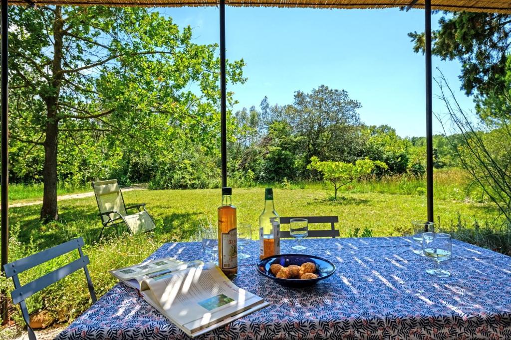 une table avec un bol de fruits et une bouteille de vin dans l'établissement Mas de l'Aube Mouriès - Alpilles Sud, à Mouriès