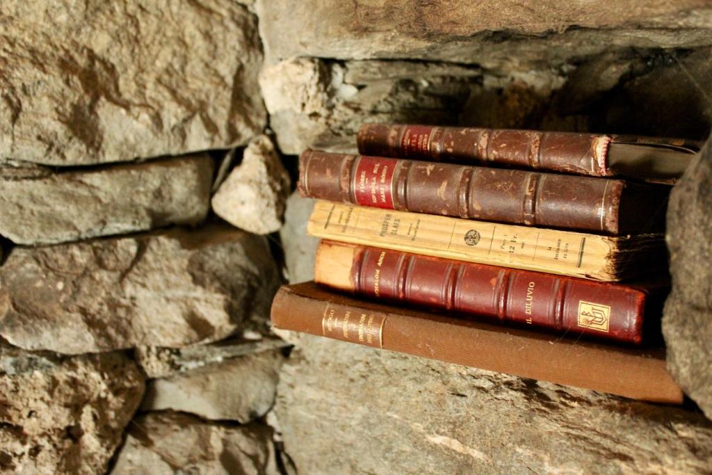 three old books stacked on a stone wall at CleMaison Antica Dimora Apartments CIR VDA GIGNOD 0013 in Gignod