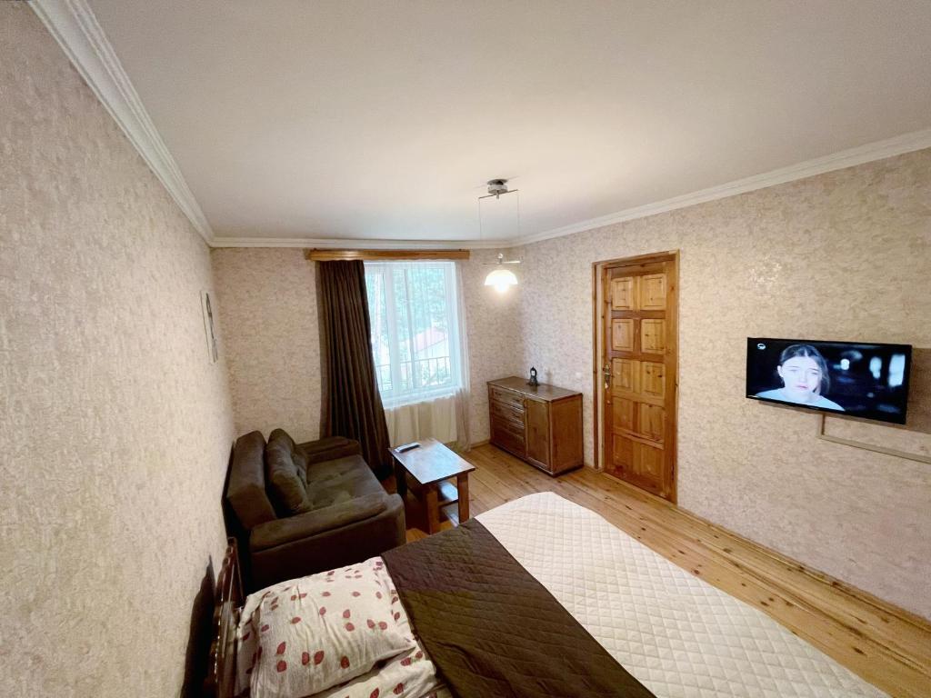 a bedroom with a bed and a chair and a television at Guest House on Meskheti in Borjomi