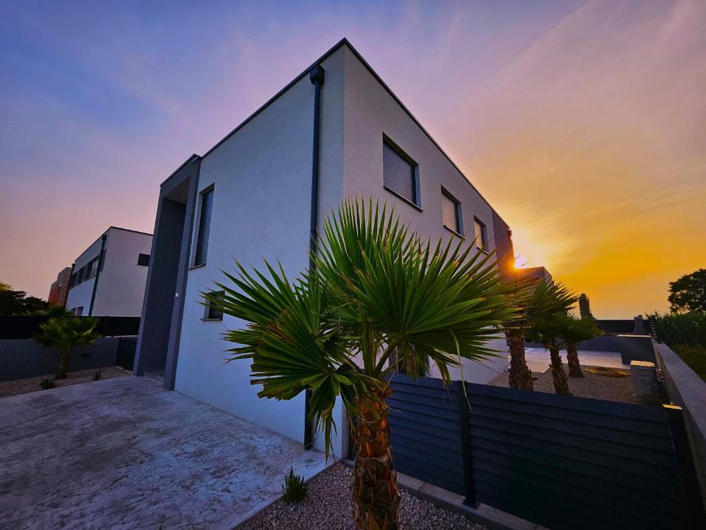 a house with a palm tree in front of a sunset at Vila OASIS - Zadar, Vrsi in Vrsi