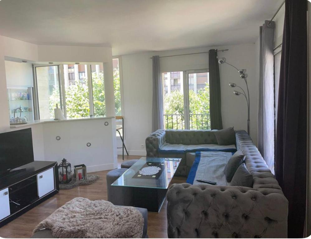 un salon avec un canapé et une table dans l'établissement Appartement avec jacuzzi, à Meudon