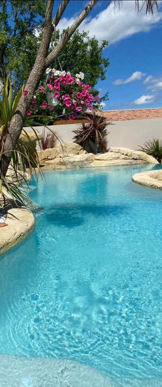 une grande piscine bleue avec des fleurs roses dans l'établissement Villa de vacances, à Le Teil