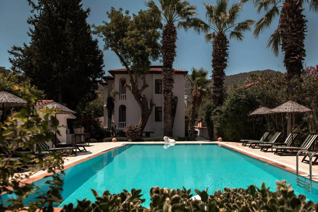 萨利杰尔梅Akvilla House Sarigerme的棕榈树环绕的房子前的游泳池