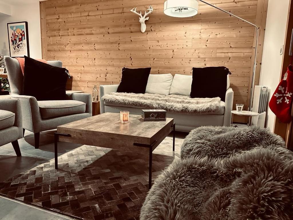 un salon avec un canapé et une table basse dans l'établissement Appartement au pied des pistes dans nouvelle résidence, à Oz