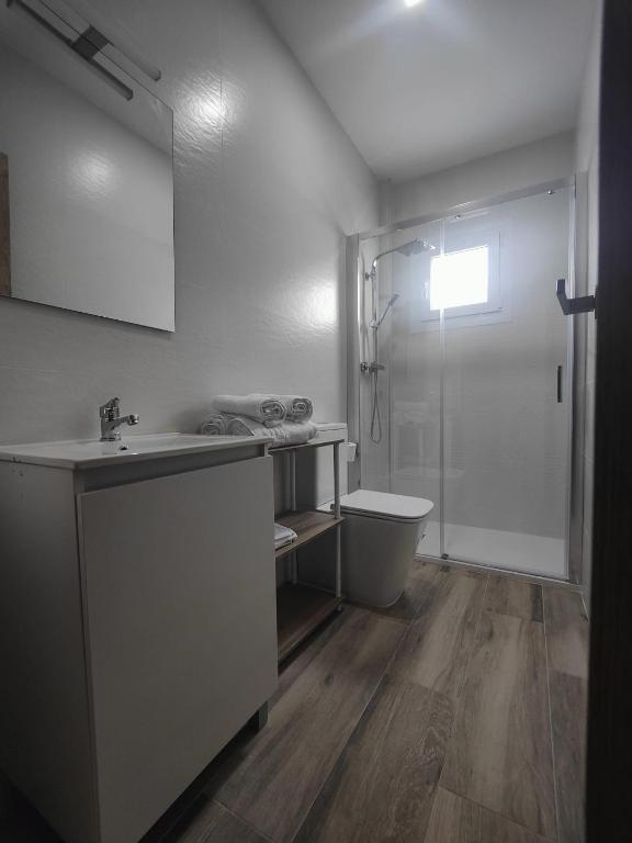 a bathroom with a sink and a shower and a toilet at Apartamentos Bolonia - M a n u e l a in Bolonia