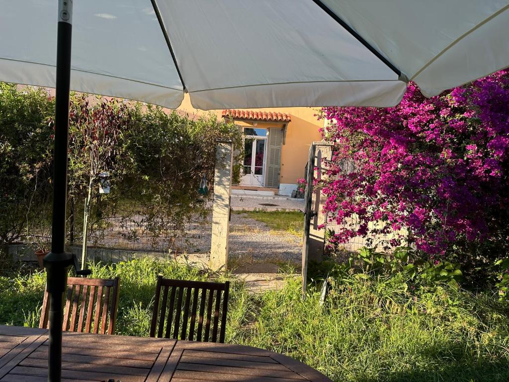- une table avec un parasol dans un jardin fleuri dans l'établissement Maison de ville à Nice Ouest dans propriété arborée, à Nice