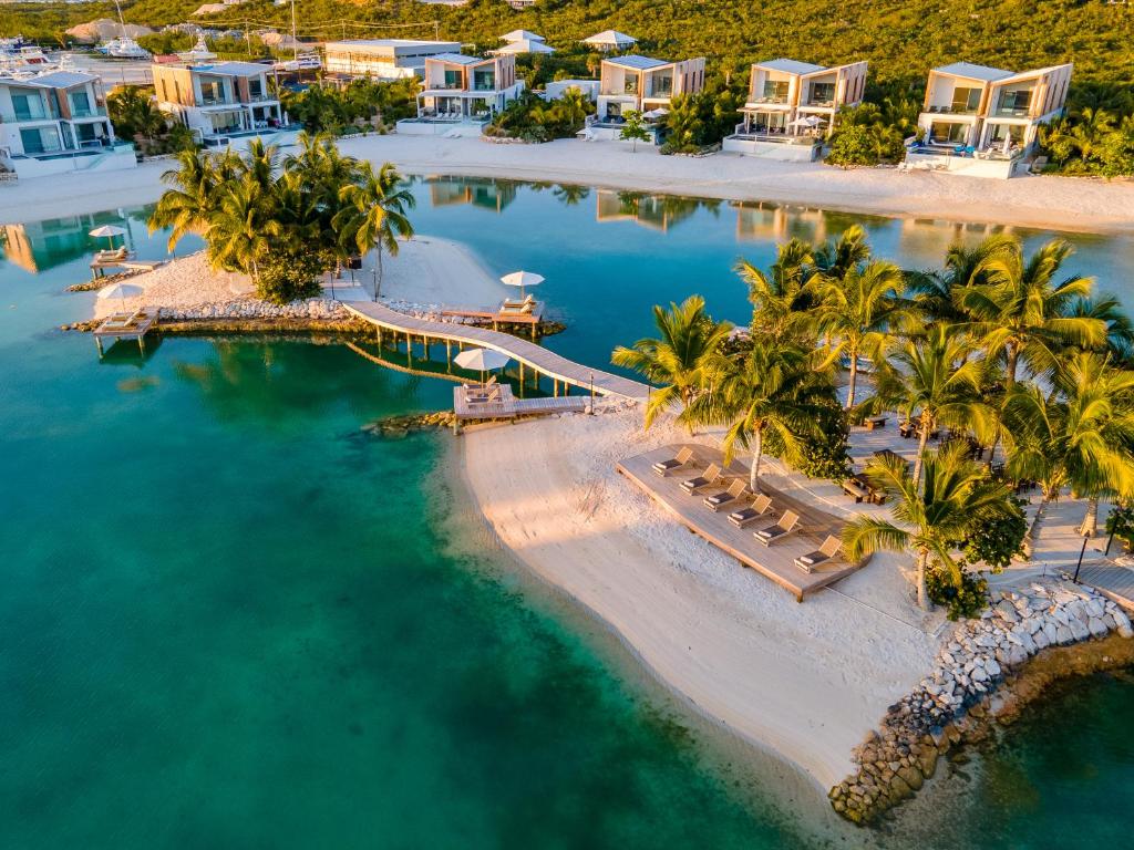 Long Bay HillsSouth Bank的棕榈树海滩和桥梁的空中景色